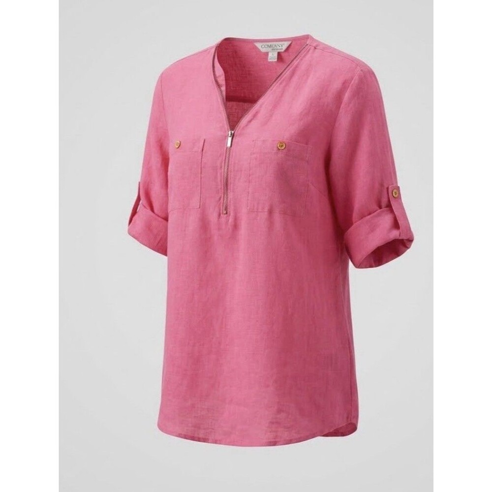 Ellen Tracy Womens Large Linen Blouse Zip Front Pink Coastal Resort Lightweight